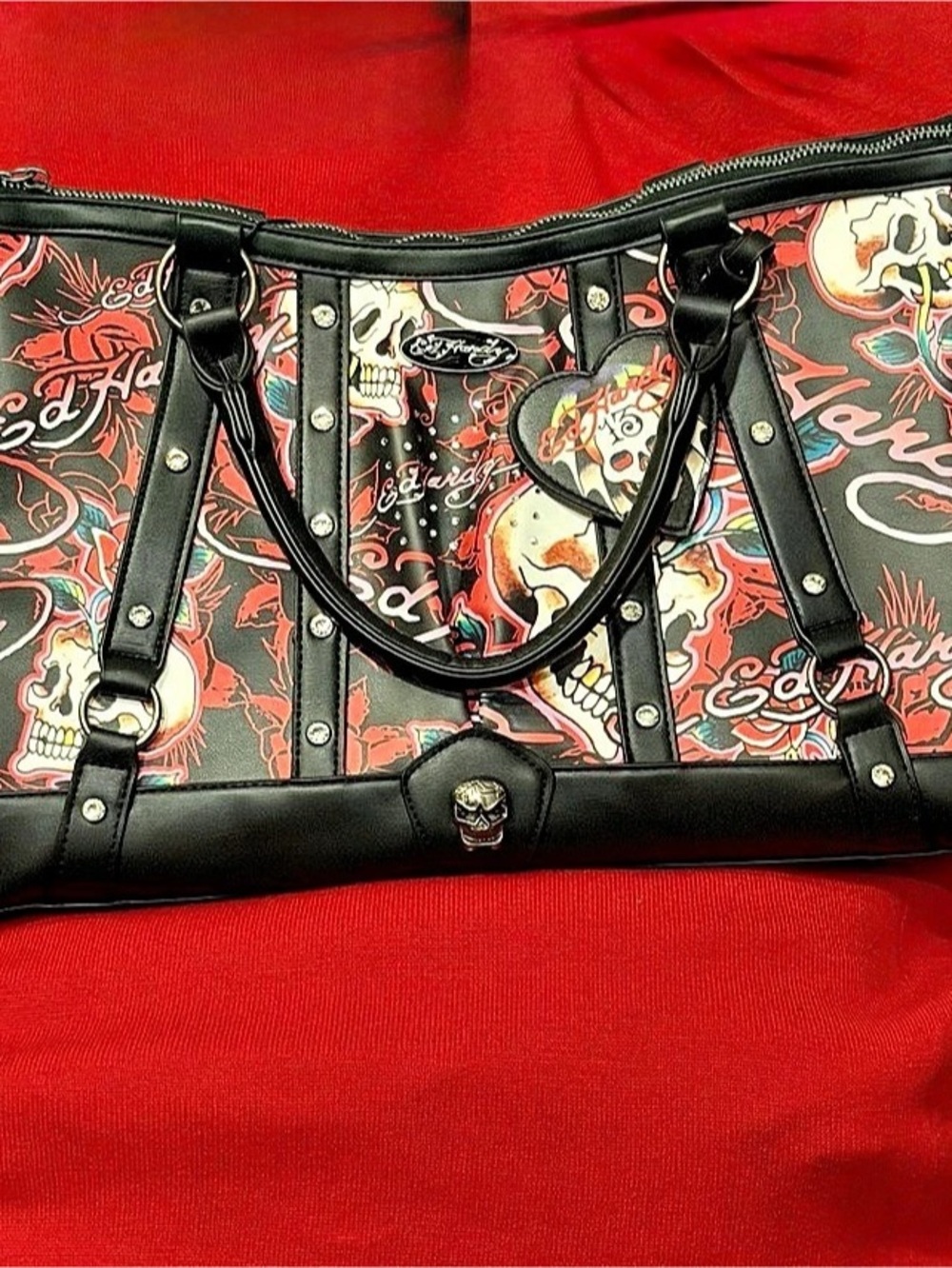 Ed Hardy Skull & Roses Tattoo Print Tote Bag Black & Red